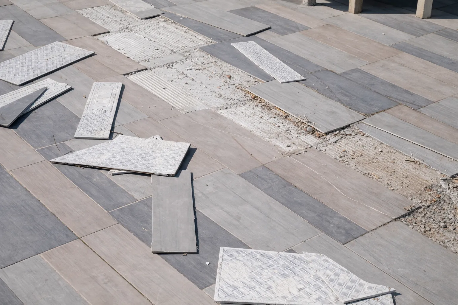 Carrelage décollé et fissuré sur terrasse extérieure